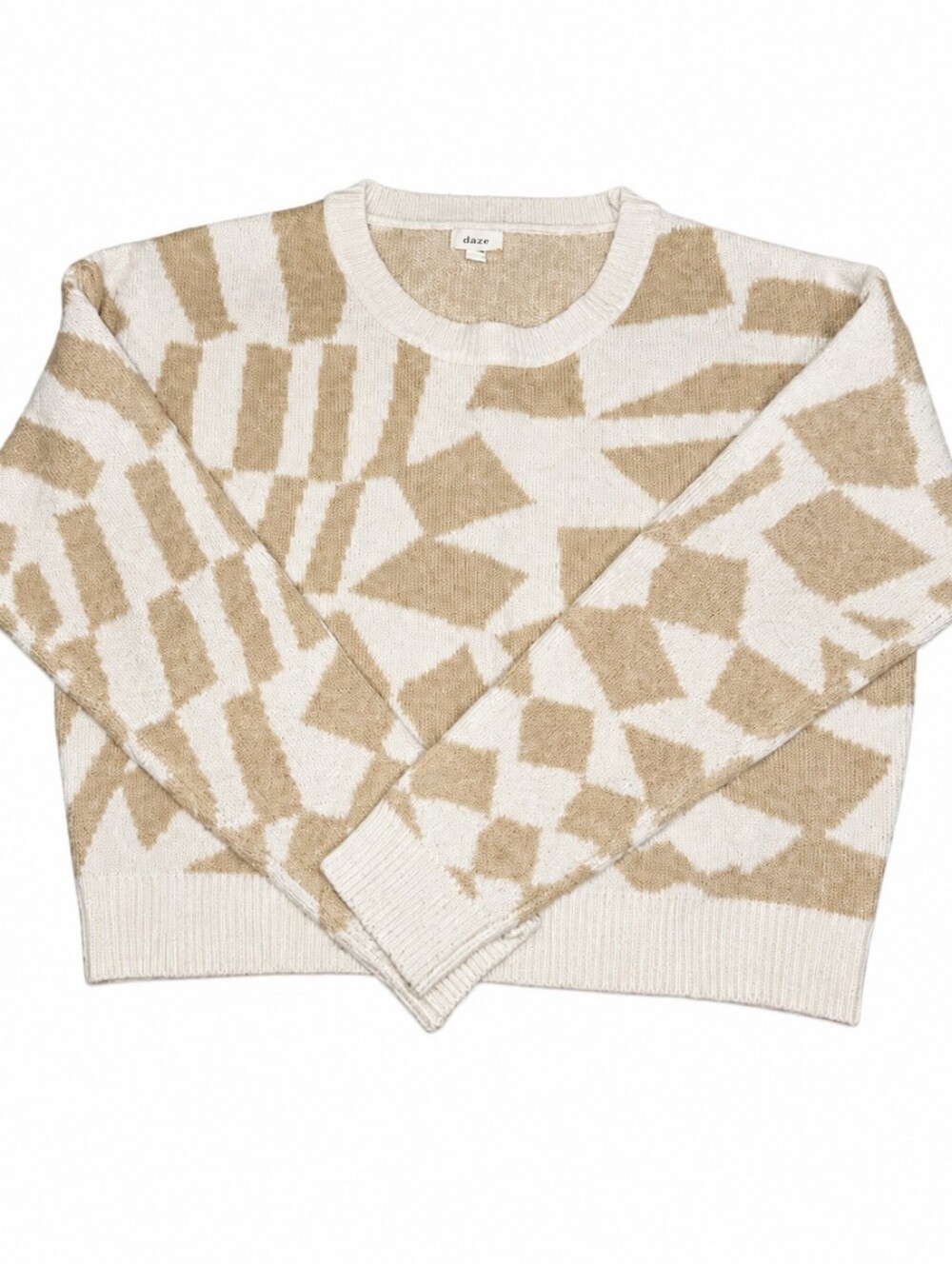 Girl Jr Crop Style Sweater Cream & Tan Geometric Shape Design Sz M